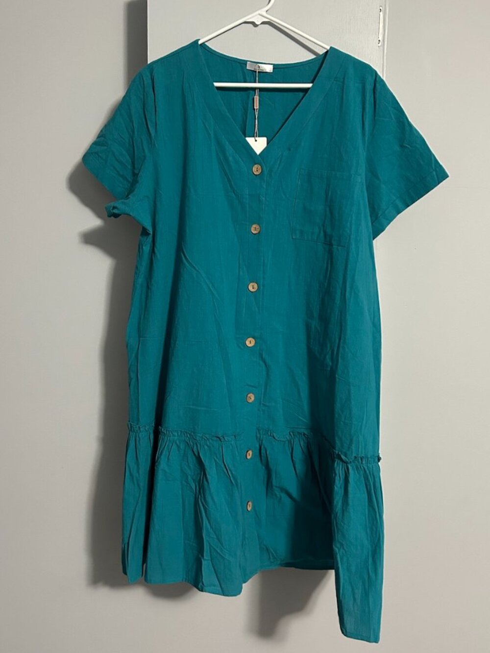 NWT Hot Touch Teal Cotton V-Neck Button Front Ruffle Hem Dress Women's Size XXL